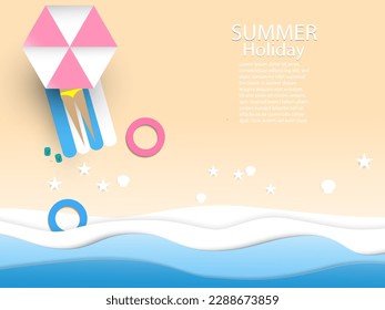 Top view  of tourist  take rest  under umbrellas  on the beach with , balls ,surfboard ,starfish , wave , Paper cut and craft style vector illustration,Travel summer vacation holiday Concept,

