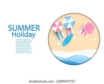 Top view  of tourist  take rest  under umbrellas on the beach in frame with , balls ,surfboard ,starfish , wave , Paper cut and craft style vector illustration,Travel summer vacation holiday Concept,
