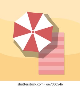 Top view of Towel and Umbrella on Sand, For Summer Icon, Background Design.