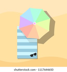 Top view of Towel, Umbrella and Sunglasses on Sand, For Summer Icon, Background Design.