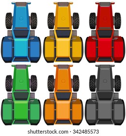 Top view of tractors in different colors illustration