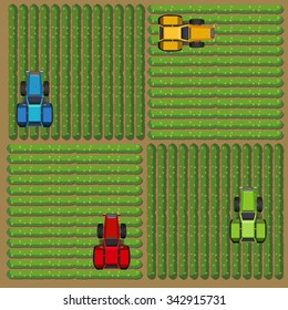 Top view of tractors working on the farm illustration