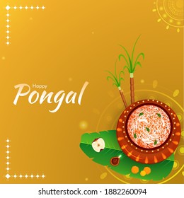 Vista Superior Del Plato Tradicional En La Bota De Barro Con Caña De Azúcar, Lámpara De Aceite Iluminado (Diya) Y Hoja De Banana Sobre El Fondo Amarillo Para Feliz Celebración Pongal.