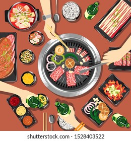 Top View Of Traditional Korean Food On A Wooden Table Vector Illustration, Delicious Korean BBQ Grill With All Small Side Dishes Set, Beef And Pork Korean Barbecue, Asian Food Background, Sharing Food