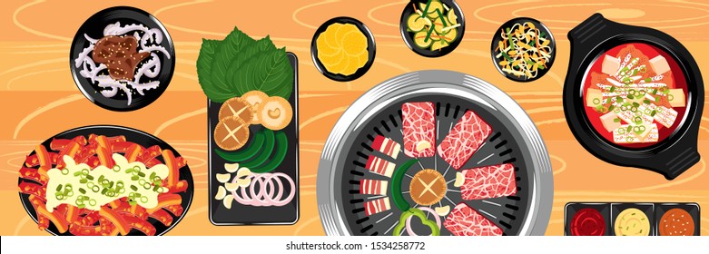 Top view of traditional korean food on a wooden table vector Illustration, Delicious korean BBQ grill with all small side dishes set, beef and pork korean barbecue, asian food background, sharing food