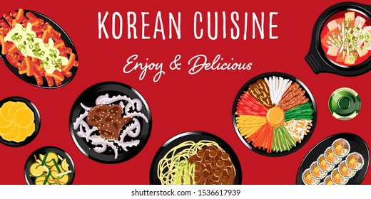 Top view of traditional korean food, asian food background, korean cuisine, sharing food