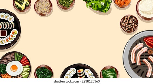 Top view of traditional korean food on a table vector Illustration, Delicious korean BBQ grill with all small side dishes set, beef and pork korean barbecue, asian food background.