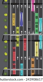 Vista superior del tránsito de autobús de Traffic Jam en autopista de múltiples carriles, vista desde arriba