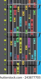 top view of Traffic Jam car vehicle on multiple lane highway, view from above