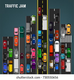 Top view traffic jam concept. Editable vector illustration in modern flat style. Automotive collection. Abstract transport problem background.