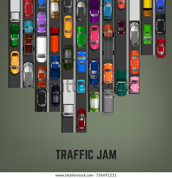 Top view traffic jam concept. Editable vector\
illustration in modern flat style. Automotive collection. Abstract\
transport problem\
background.