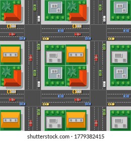 The top view from traffic, transport, transportation is a map of the city block streets with town infrastructure, roads, trees, parks, and gardens.