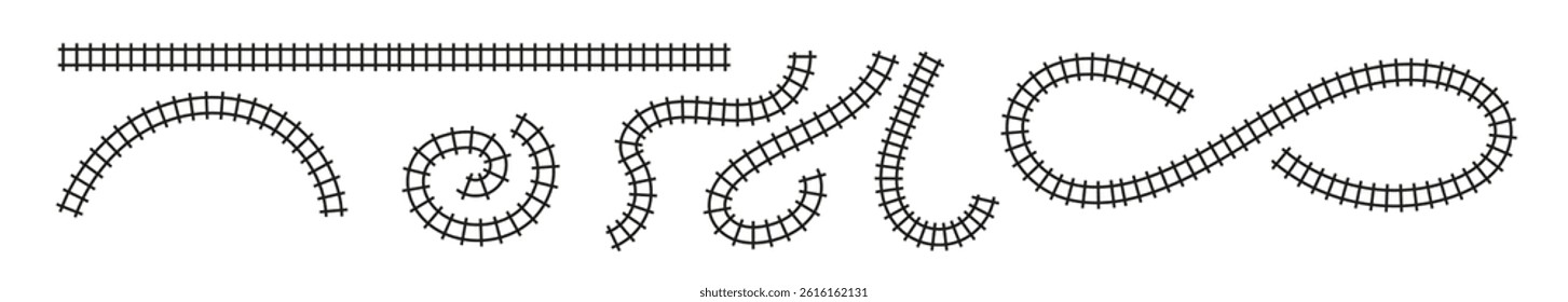 Top view train railroad track. Railway line road map path illustration. Flat vector illustration isolated on white background..