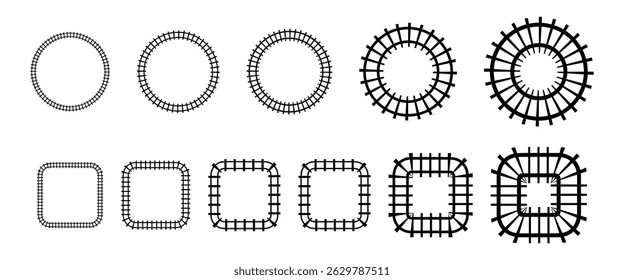 Top view train railroad track. Railway line road map path illustration. Flat vector illustration isolated on white background.