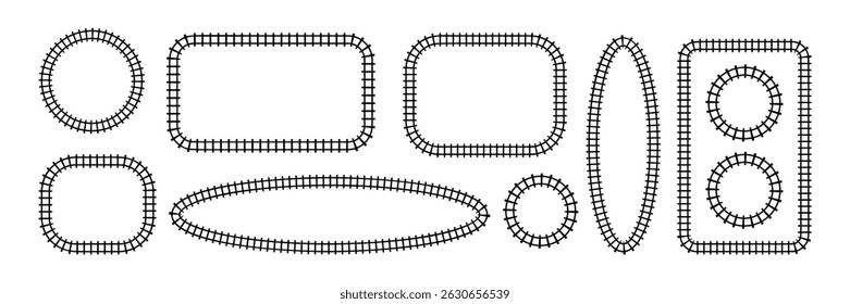 Top view train railroad track. Railway line road map path illustration. Flat vector illustration isolated on white background.