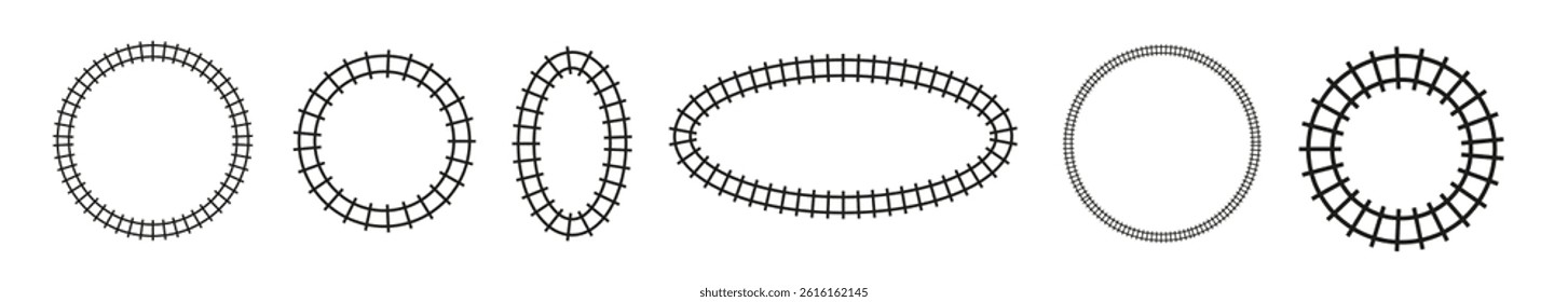 Top view train track railway. Rail line road subway map pattern. Flat vector illustration isolated on white background..