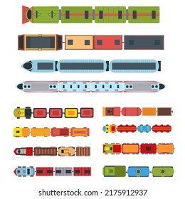 Top view trains. Kids toys locomotive train with wagons, childrens railway vector Illustration set. Fast vehicles for journey, passenger transport. Child colorful items isolated on white