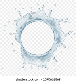 Top view of translucent water crown with drops in gray colors, isolated on transparent background. Transparency only in vector file