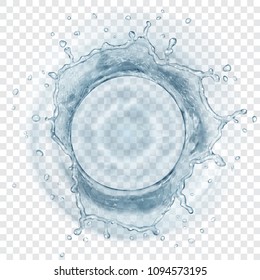 Vista superior da coroa de água translúcida com gotas nas cores cinza, isoladas em fundo transparente. Transparência somente em formato vetorial