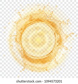 Vista superior de la corona de agua translúcida con gotas en colores amarillos, aislada en fondo transparente. Transparencia sólo en formato vectorial