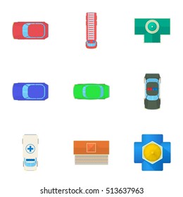 Top view of transport icons set. Cartoon illustration of 9 top view of transport vector icons for web