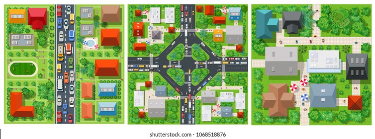 Transporte en la calle principal de la ciudad con coche de cruce. Dibujo vectorial de la ruta con carretera asfaltada