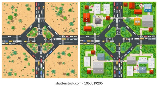 Top view transport of the road on the city street with junction traffic car. Transportation vector illustration of way map with asphalt highway