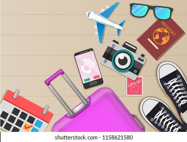 Top view travel accessories around the world concept summer banner plane aerial check in Invitation on wood Background Design, Card for greeting Poster, vector.