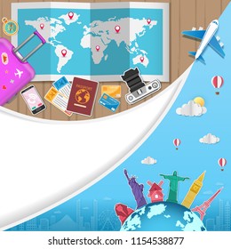 Top view travel around the world concept famous landmark summer banner plane aerial check in Design Invitation Template world map on Background Design, Card for greeting Poster, paper art, vector.