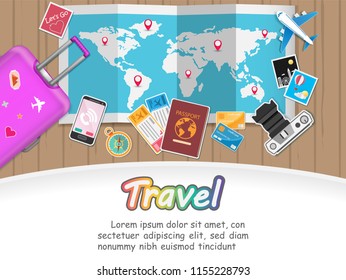Top view travel around the world concept summer banners design. plane aerial with check in point Design Invitation Template world map on Background Design, Card for greeting Poster, paper art, vector.