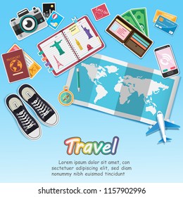 Top view travel around the world concept famous landmark summer banner plane aerial check in Design Invitation Template world map on Background Design, Card for greeting Poster, paper art, vector.