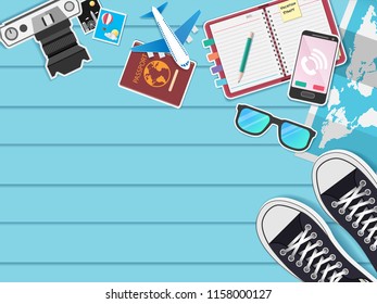 Top view travel around the world concept famous landmark summer banner plane aerial check in Design Invitation Template world map on Background Design, Card for greeting Poster, paper art, vector.