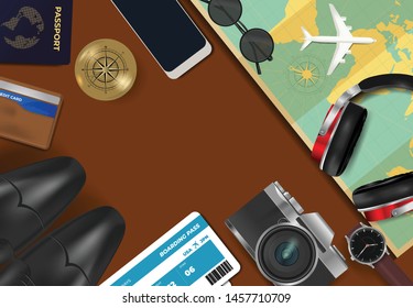 top view travel concept with retro camera films, map, passport, smartphone, action camera and compass on blue background with copy space, Tourist essentials, vintage tone effect