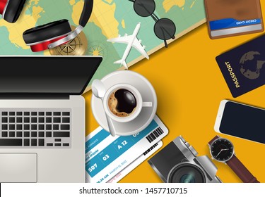 top view travel concept with retro camera films, map, passport, smartphone, action camera and compass on blue background with copy space, Tourist essentials, vintage tone effect