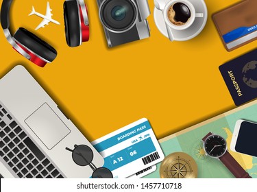 top view travel concept with retro camera films, map, passport, smartphone, action camera and compass on blue background with copy space, Tourist essentials, vintage tone effect