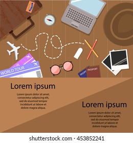 Top view of travel items on wooden table with road trip vector icon