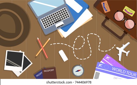 Top View Of Travel Items On Wooden Table With Road Trip Vector Icon