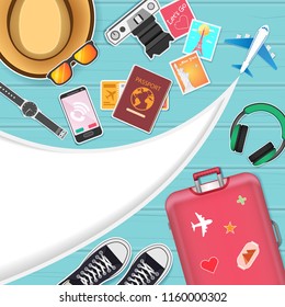 Top view travel photography accessories around the world concept summer banner plane aerial check in Invitation on wood Background Design, Card for greeting Poster, paper art, vector.