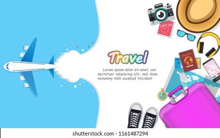 Top view travel photography accessories around the world concept summer banner plane aerial check in Invitation on Background Design, Card for greeting Poster, paper art, vector.