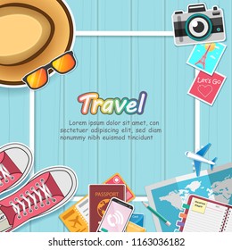 Top view travel photography accessories around the world concept summer banner plane aerial check in Invitation on wood Background Design, Card for greeting Poster, paper art, vector.