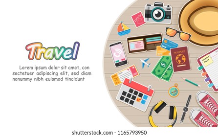 Top view travel photography accessories around the world concept summer banner plane aerial check in Invitation on wood Background Design, Card for greeting Poster, paper art, vector.