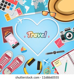 Top view travel photography accessories around the world concept summer banner heart and plane aerial check in Invitation on Background Design, Card for greeting Poster, paper art, vector.