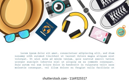 Top view travel photography accessories around the world concept summer banner check in Invitation on White Background Design, Card for greeting Poster, paper art, vector.