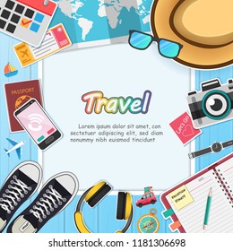 Top view travel photography accessories around the world concept summer banner plane aerial check in Invitation on wood Background Design, Card for greeting Poster, paper art, vector.