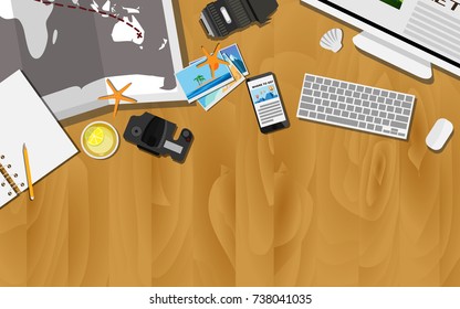 Top view of traveler desk, plan for the trip with empty notebook with copy space for text on wooden table, camera with lens, world's map, a cup of lemon tea, photograph of sea and starfish