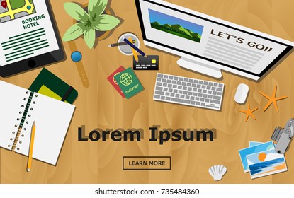 Top view of traveler's desk with computer and empty notebook planing for the next trip, world's map, credit card, tablet,passport, film camera and photos of view with copy space for your own text