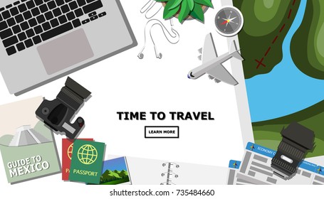 Top view of traveler's desk with laptop planing for the next trip to Mexico, trekking map, dslr camera with lens,economy class plane ticket and passport with copy space for your own text