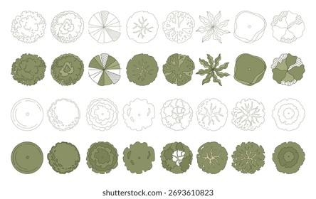 Vista superior árvores para planos arquitetônicos e projeto de paisagem. Ilustração vetorial mínima para planejamento urbano, planejamento do local e comitiva arquitetônica.