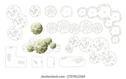 Vista superior árvores para planos arquitetônicos e projeto de paisagem. Ilustração vetorial mínima para planejamento urbano, planejamento do local e comitiva arquitetônica.