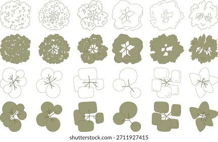 Árboles de vista superior para Planes arquitectónicos y diseño paisajístico. Ilustración vectorial mínima para la planificación urbana, los Planes del sitio y el entorno arquitectónico.